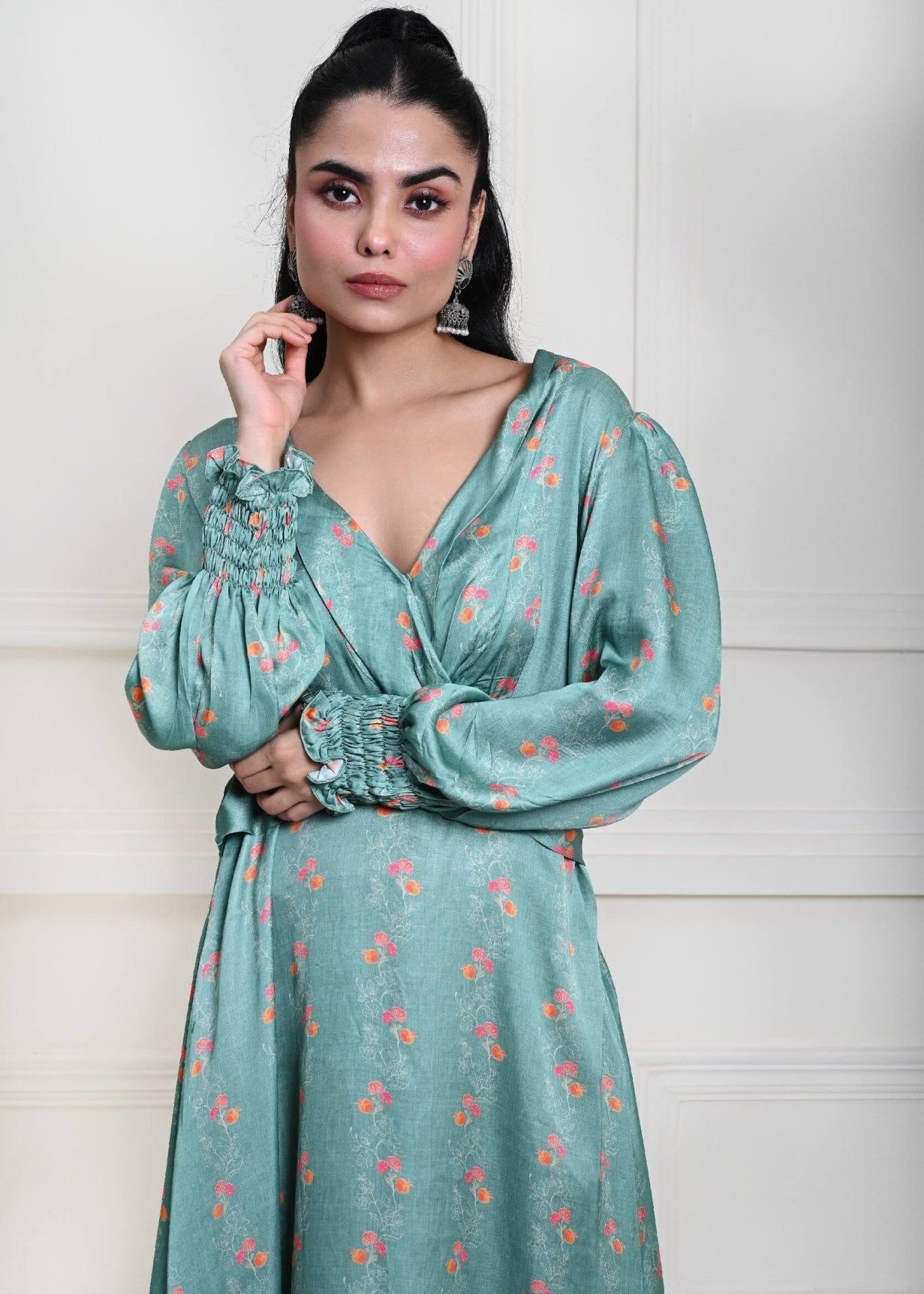 Ocean Blue Printed Wrap Dress in Satin Silk - Anvi Couture