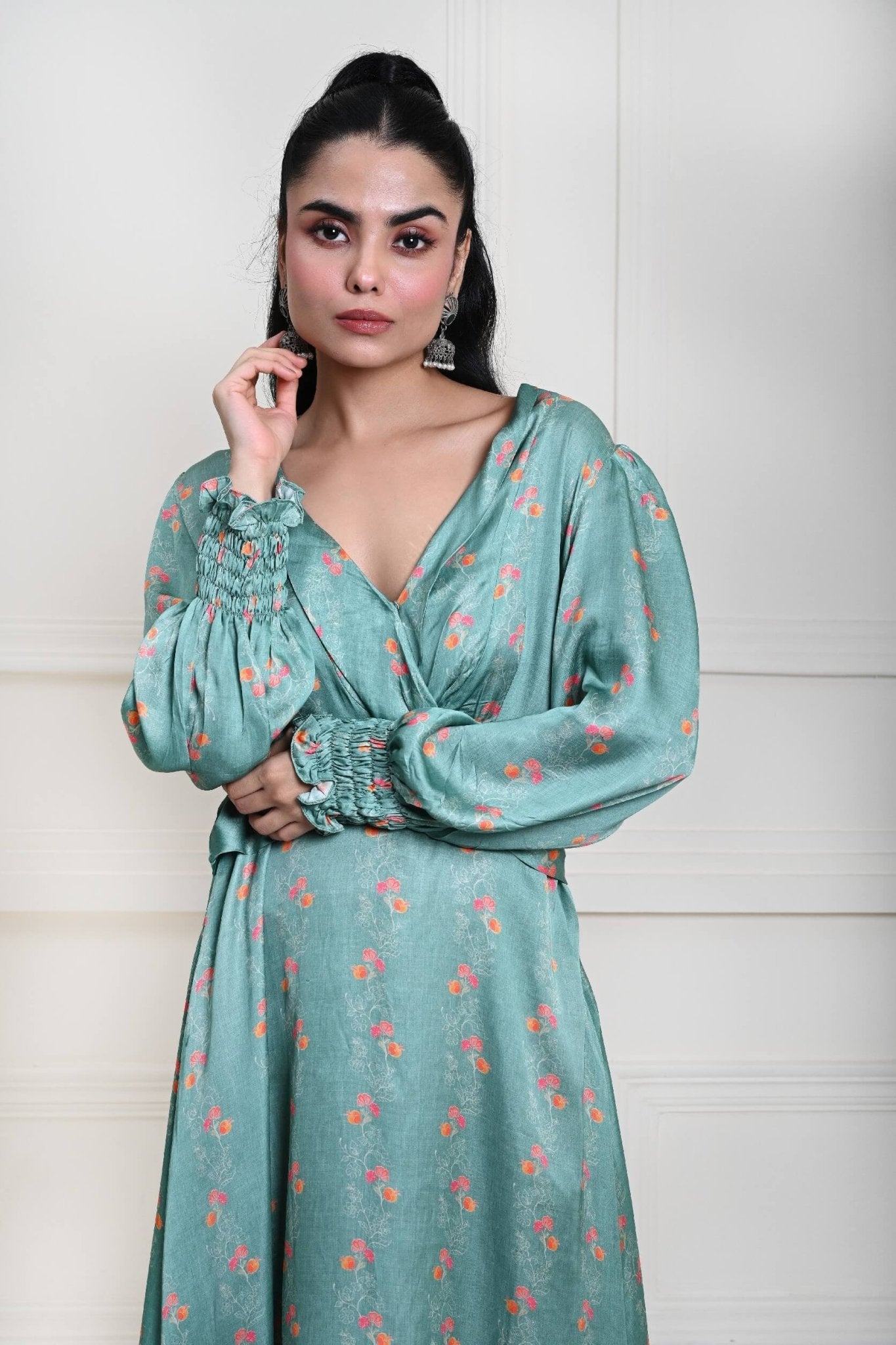 Ocean Blue Printed Wrap Dress in Satin Silk - Anvi Couture