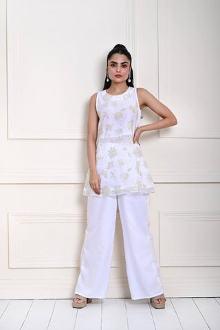 White Embroidered Short Kurti Set in Organza