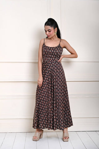 Brown Ajrakh Print Boho Fashion Midi Dress with Spaghetti Straps