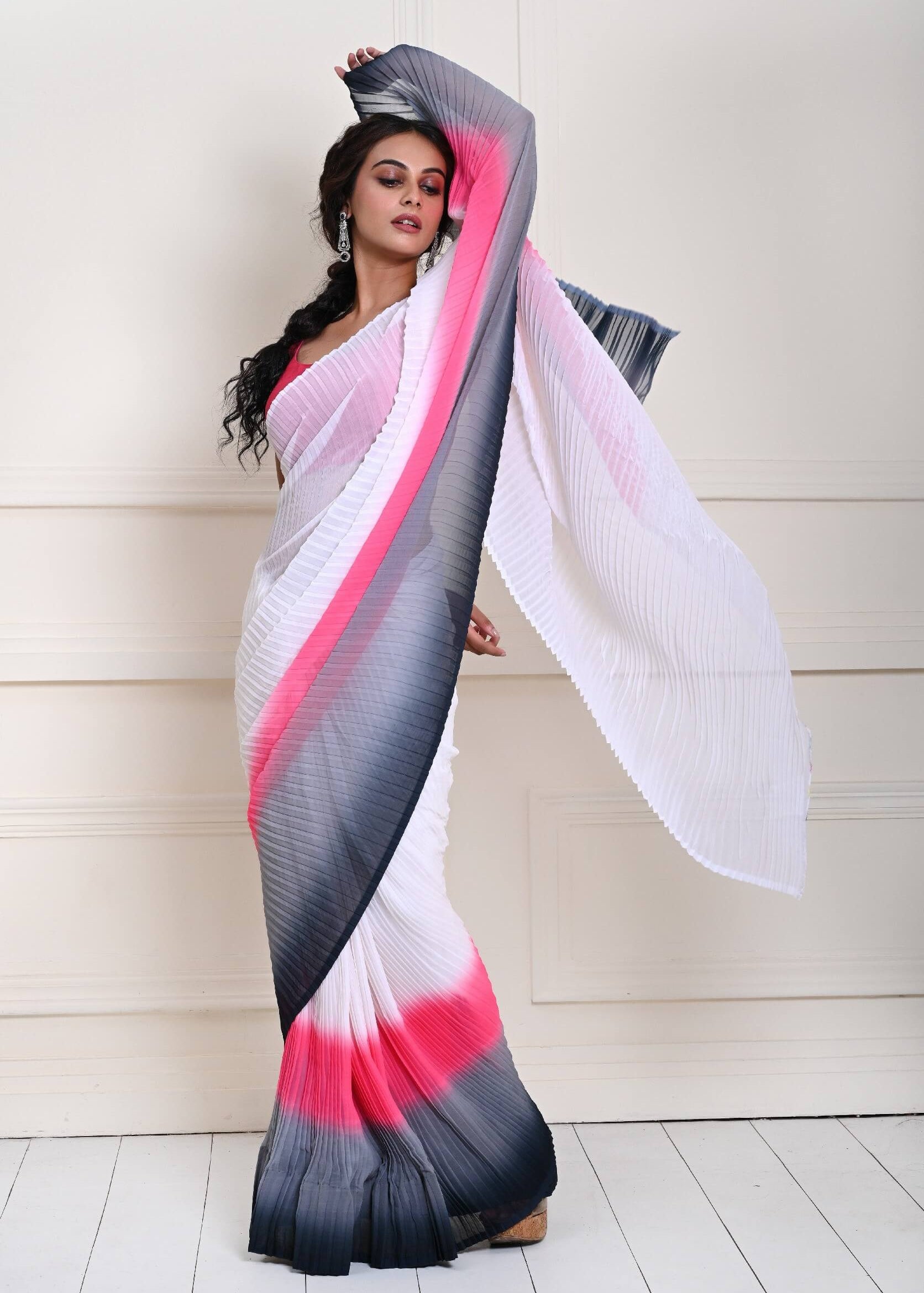 White and Pink Chiffon saree