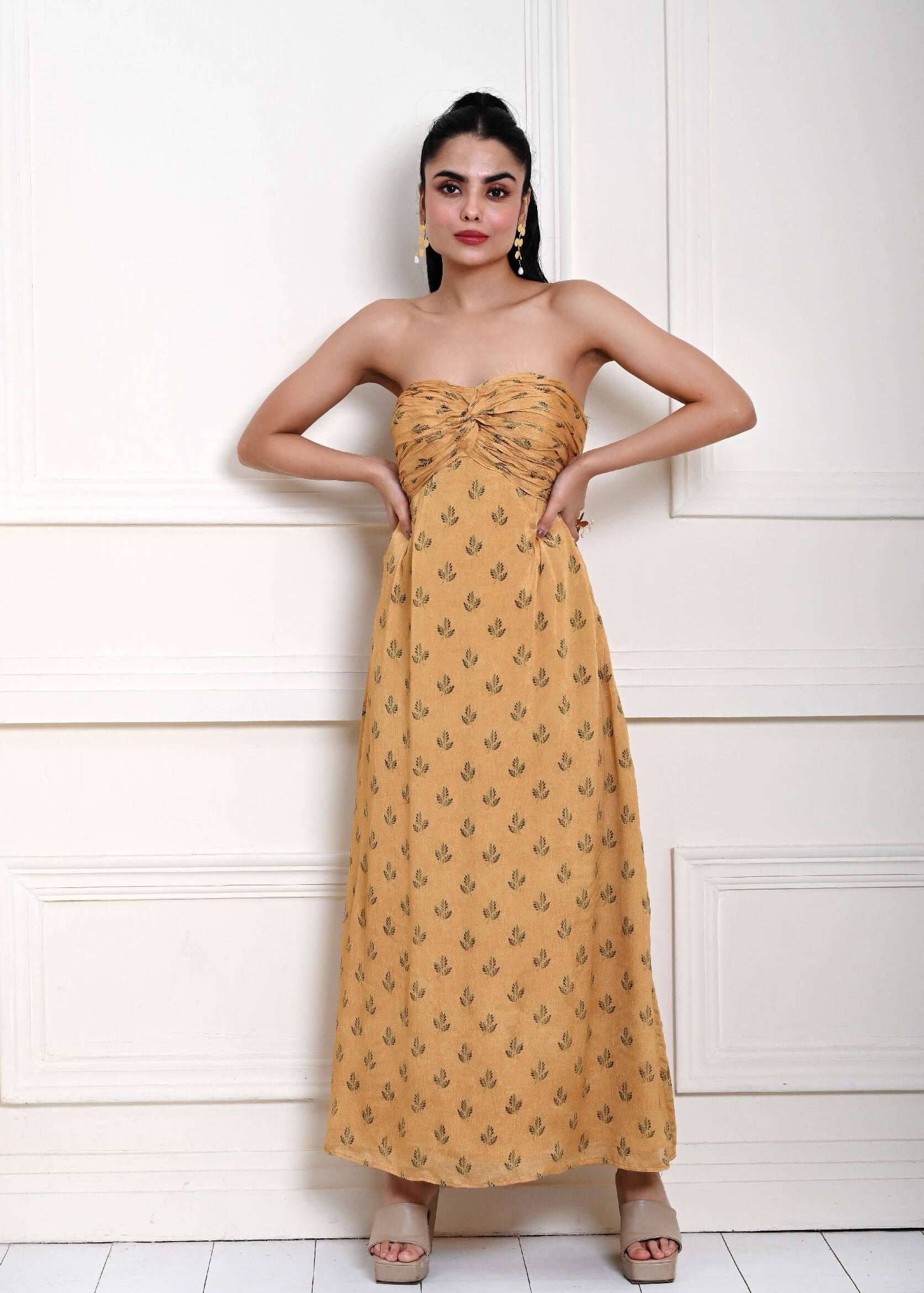 Yellow Strapless Maxi Dress For Women - Anvi Couture