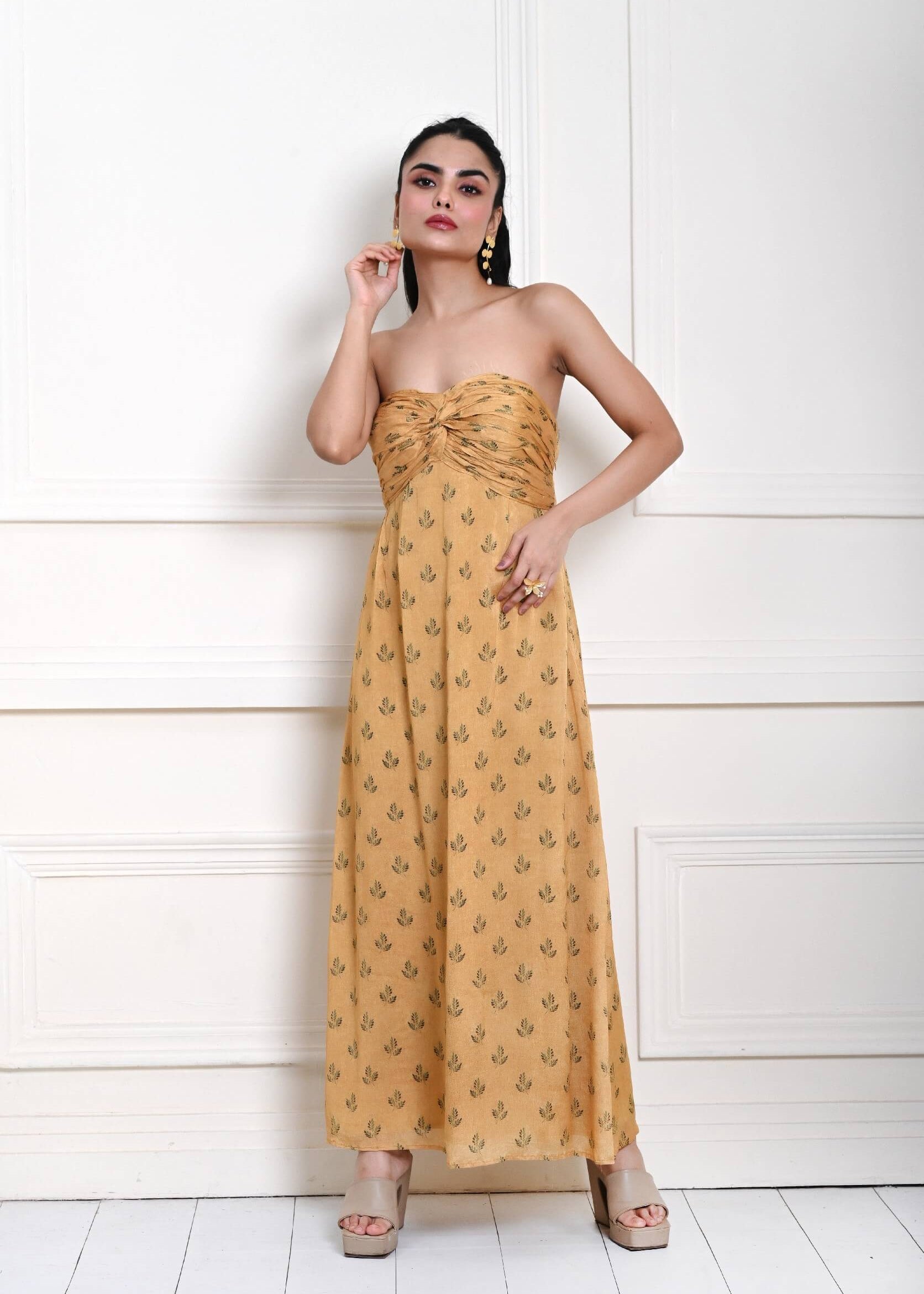 Yellow Strapless Maxi Dress For Women - Anvi Couture