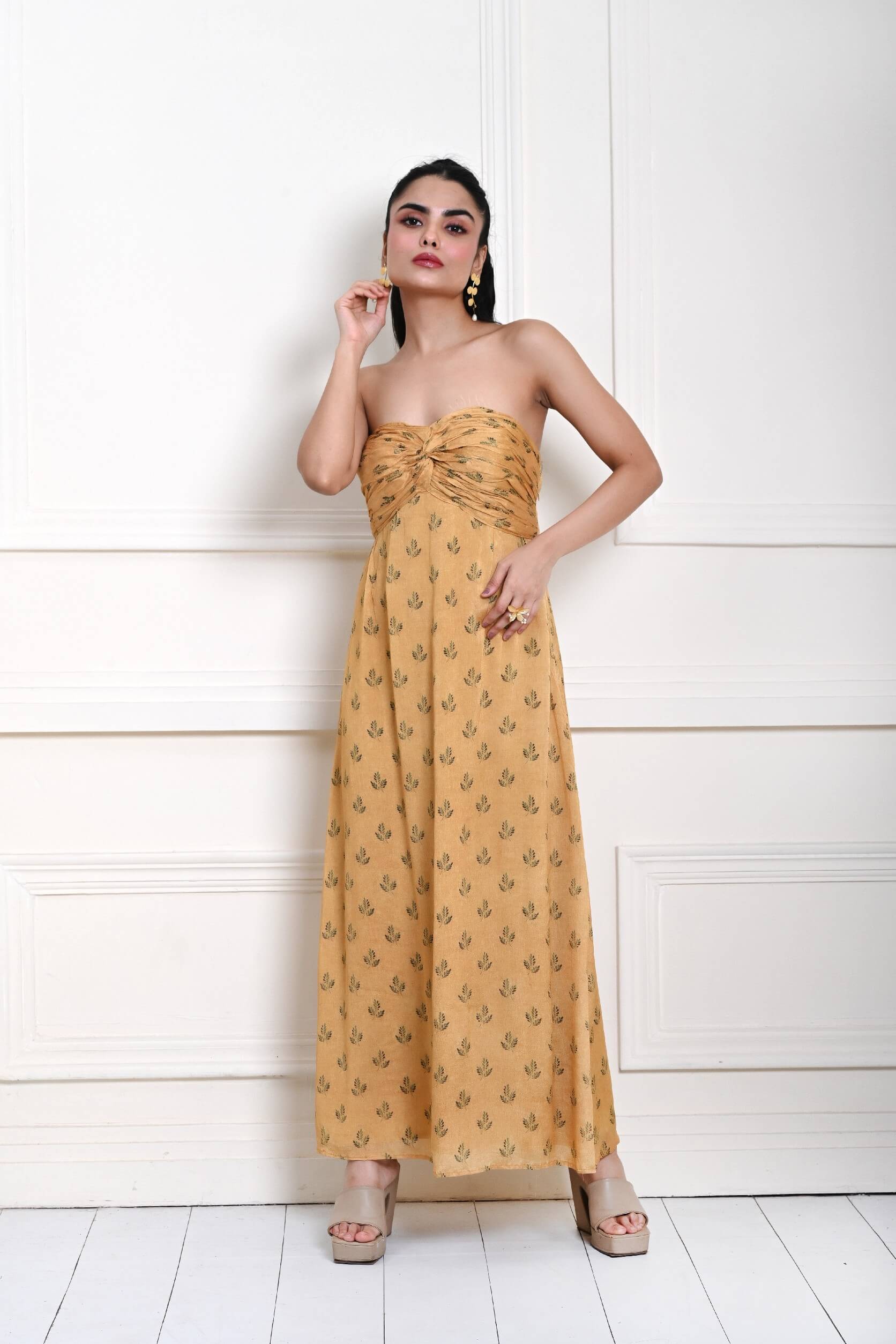 Yellow Strapless Maxi Dress For Women - Anvi Couture