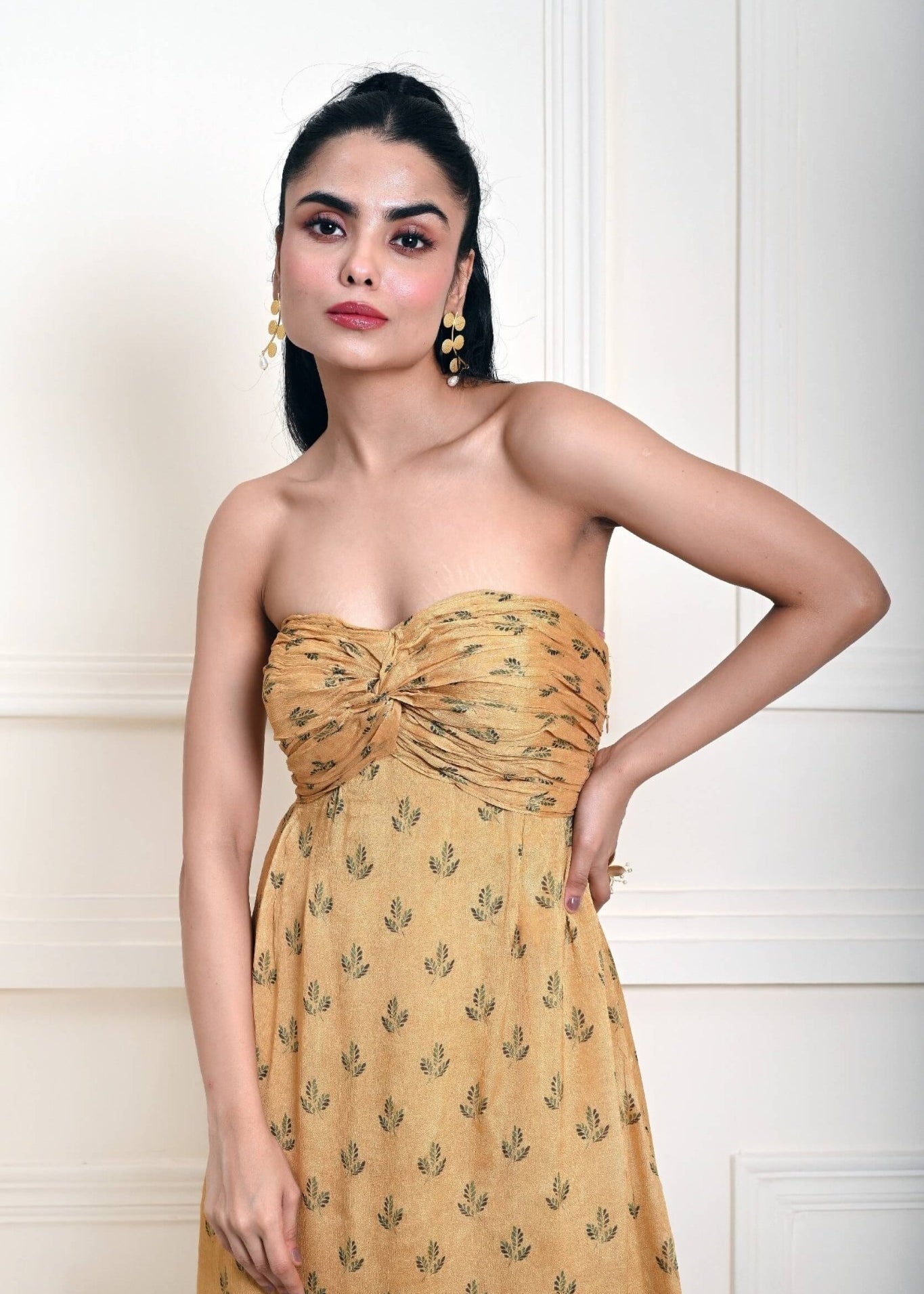 Yellow Strapless Maxi Dress For Women - Anvi Couture