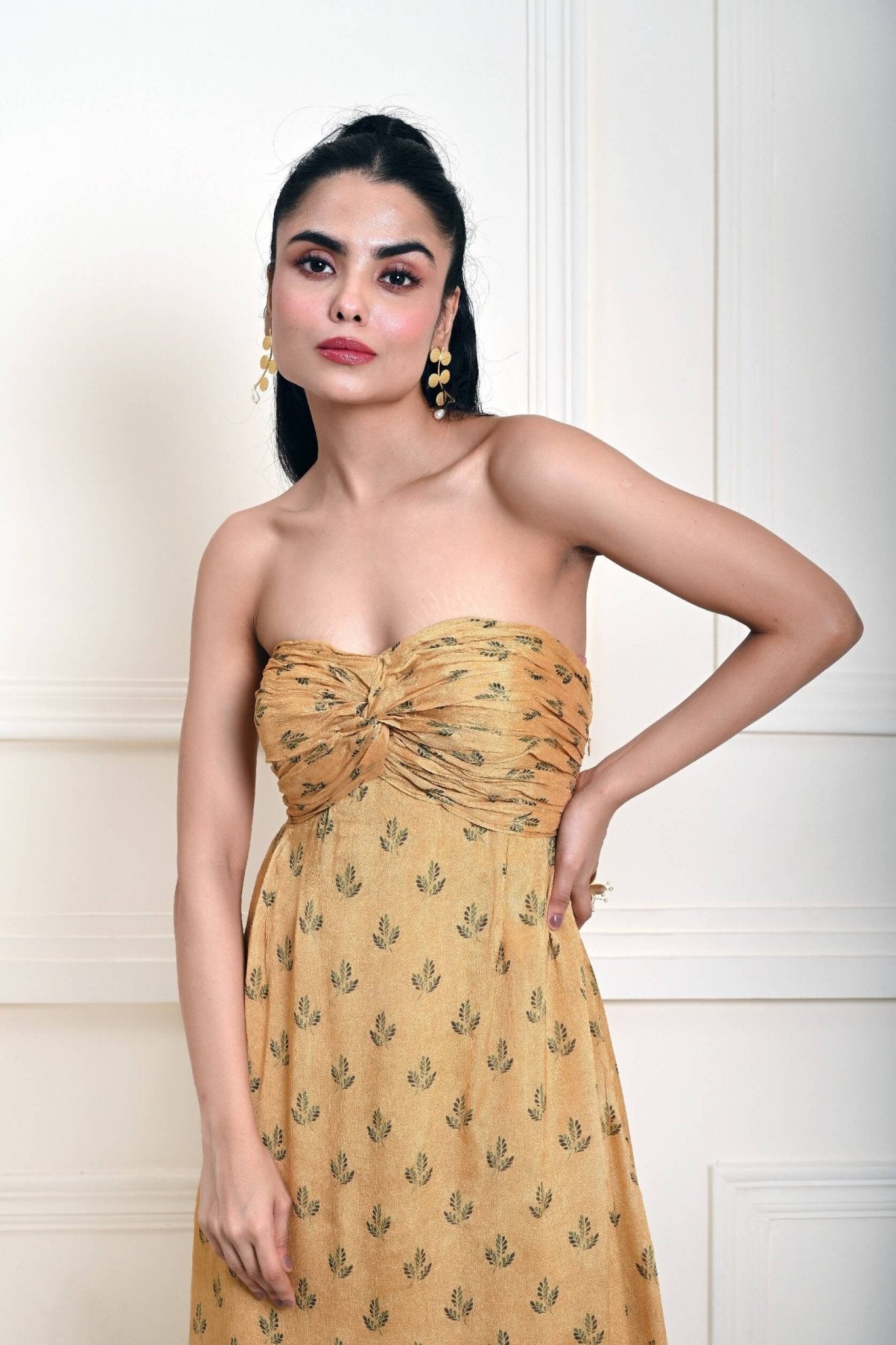 Yellow Strapless Maxi Dress For Women - Anvi Couture