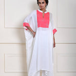 Lightweight white embroidered kaftan kurti set in georgette, designed for stylish festive looks