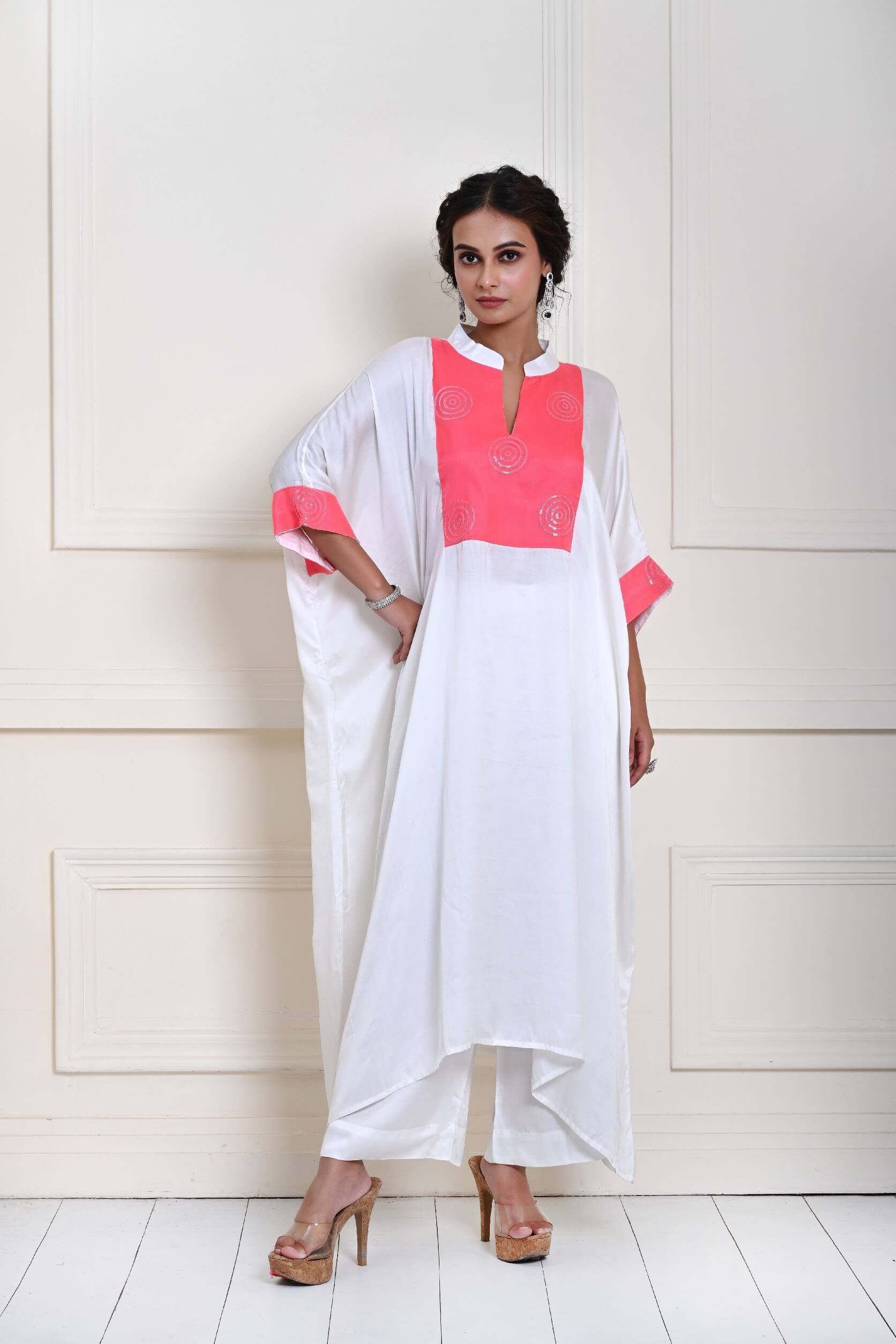 Lightweight white embroidered kaftan kurti set in georgette, designed for stylish festive looks