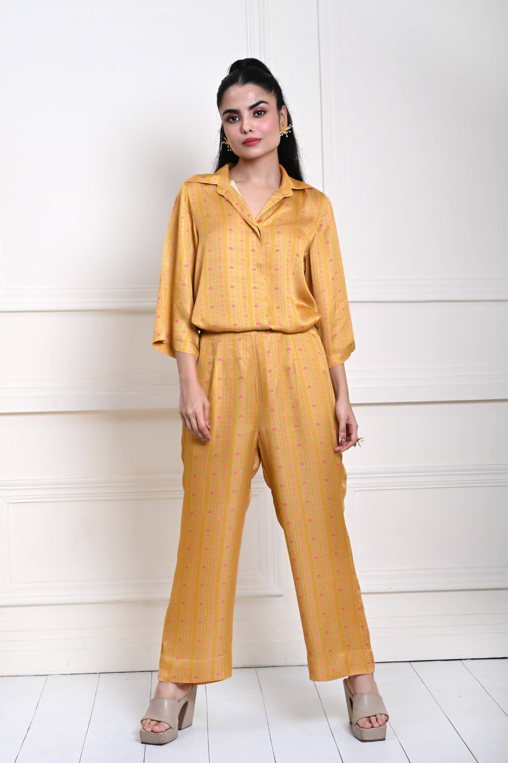 Yellow Printed Co - ord Set in Satin Silk - Anvi Couture