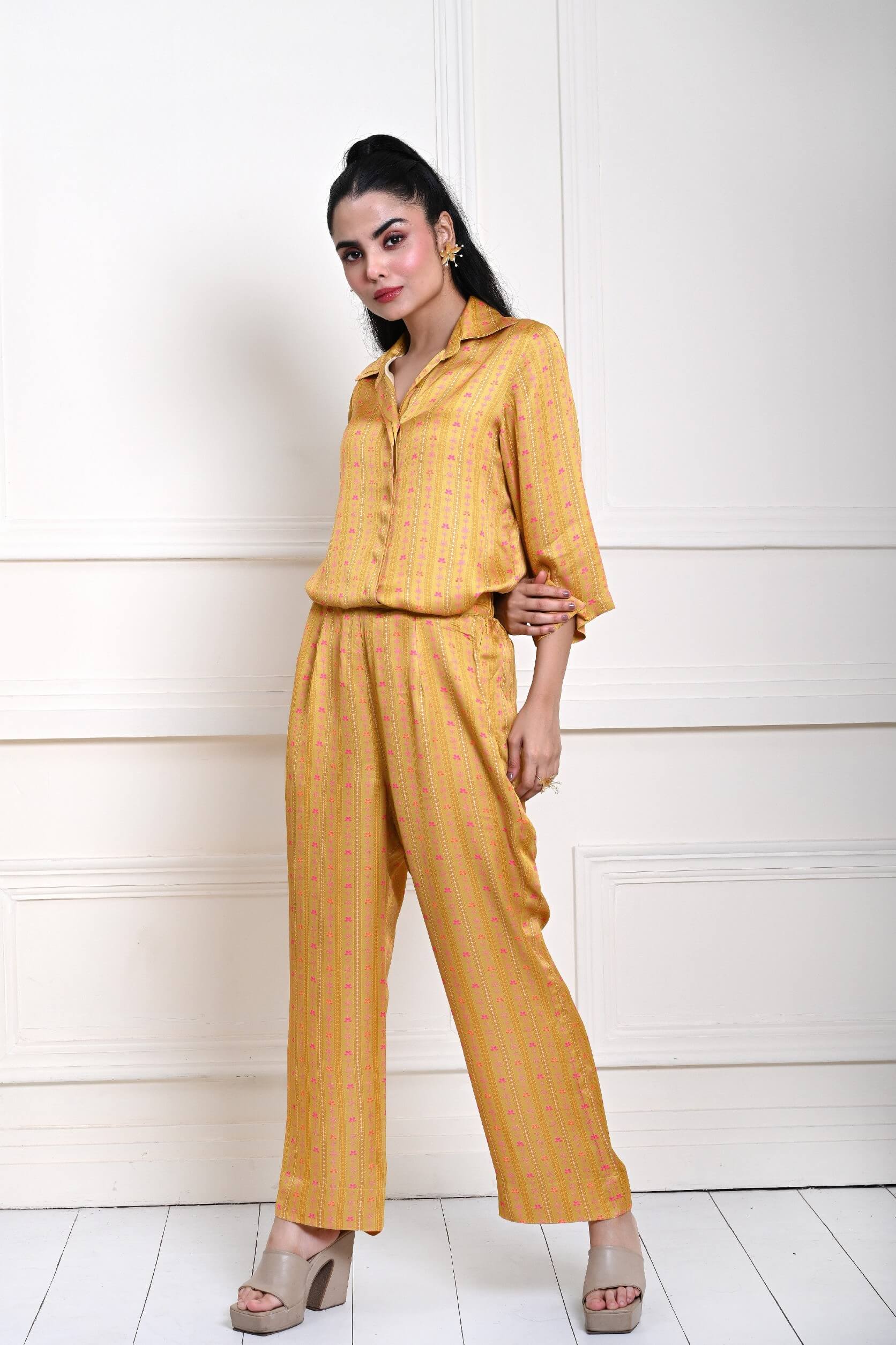Yellow Printed Co - ord Set in Satin Silk - Anvi Couture