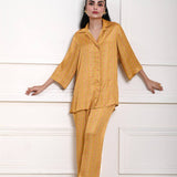 Yellow Printed Co - ord Set in Satin Silk - Anvi Couture