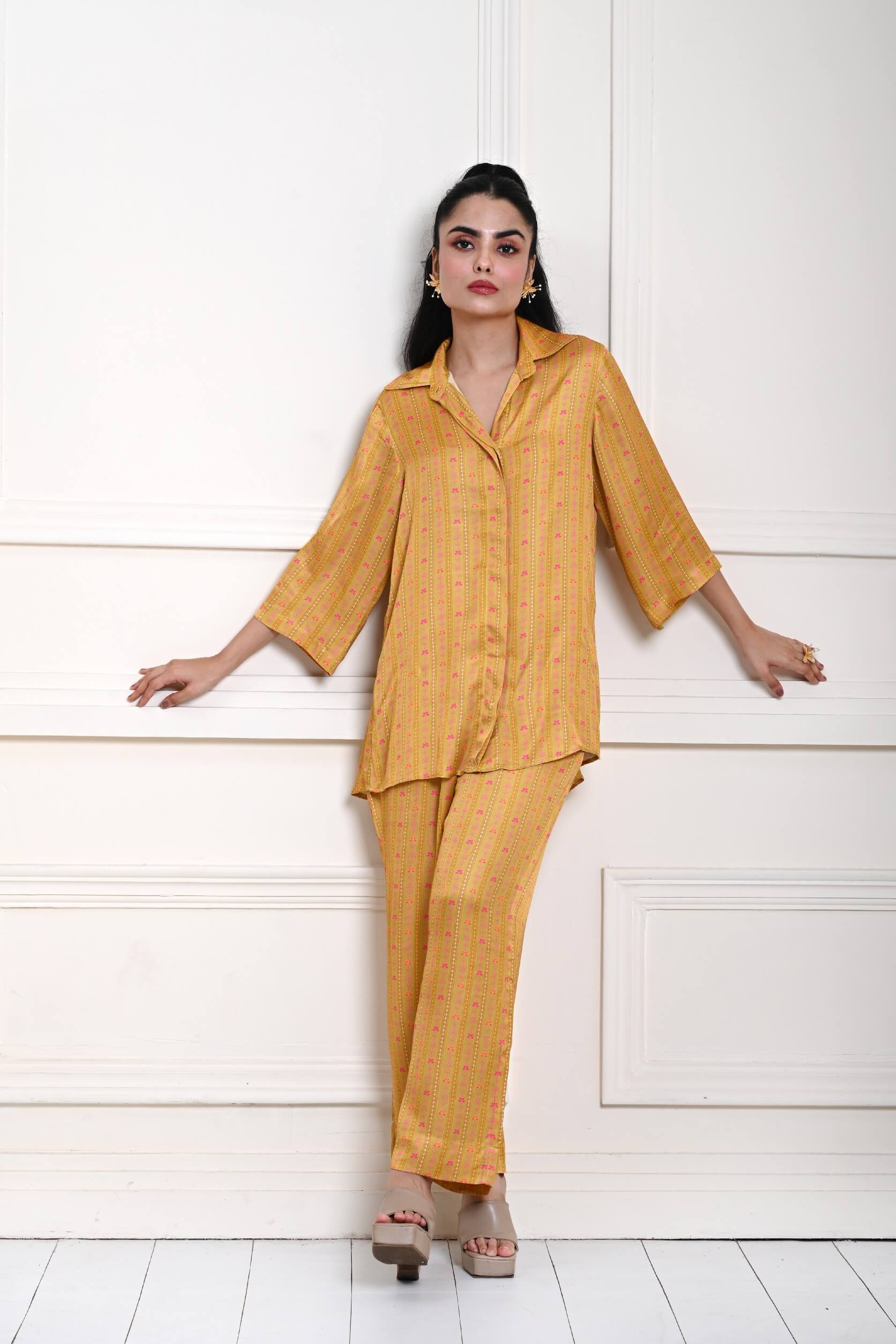 Yellow Printed Co - ord Set in Satin Silk - Anvi Couture