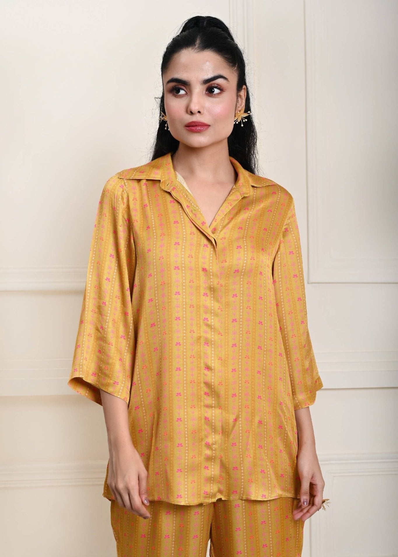 Yellow Printed Co - ord Set in Satin Silk - Anvi Couture