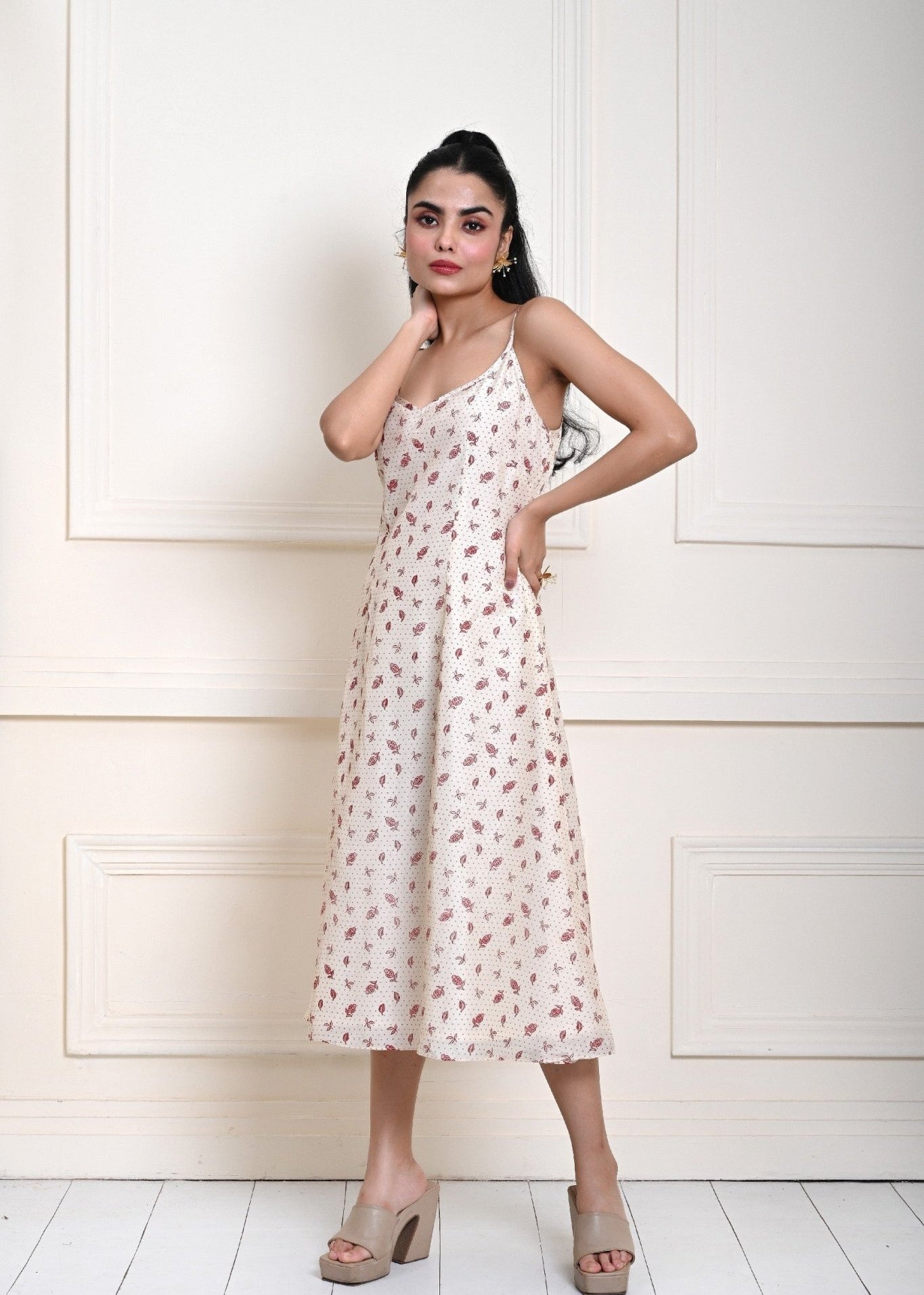 Off - White Printed Strappy Midi Dress - Anvi Couture