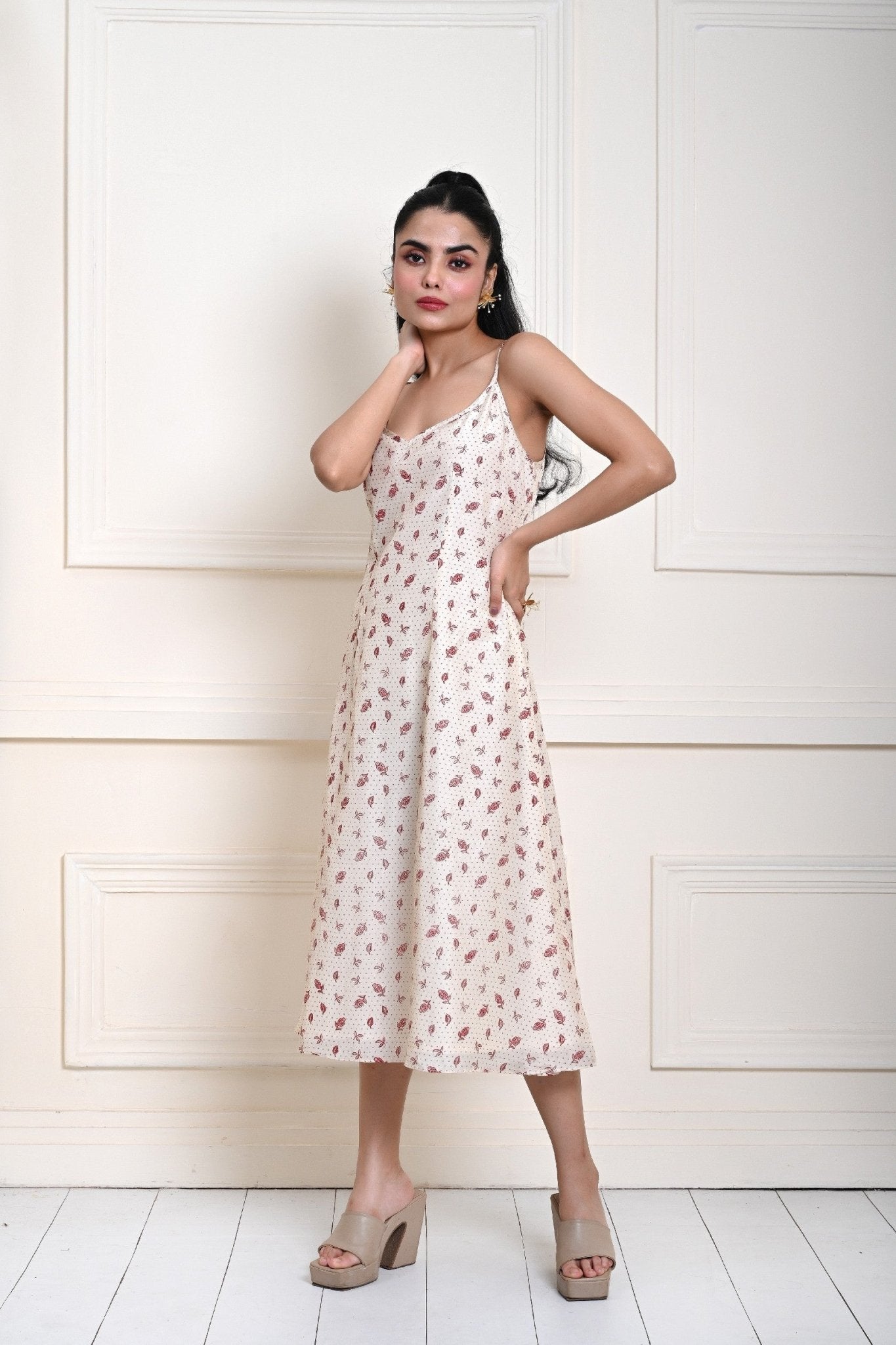 Off - White Printed Strappy Midi Dress - Anvi Couture