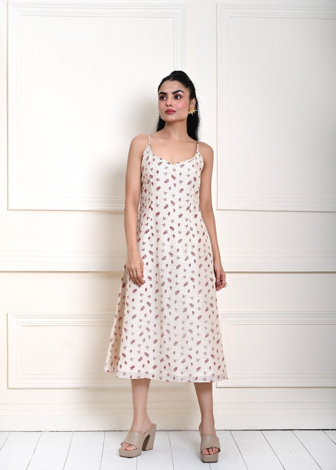 Off - White Printed Strappy Midi Dress - Anvi Couture