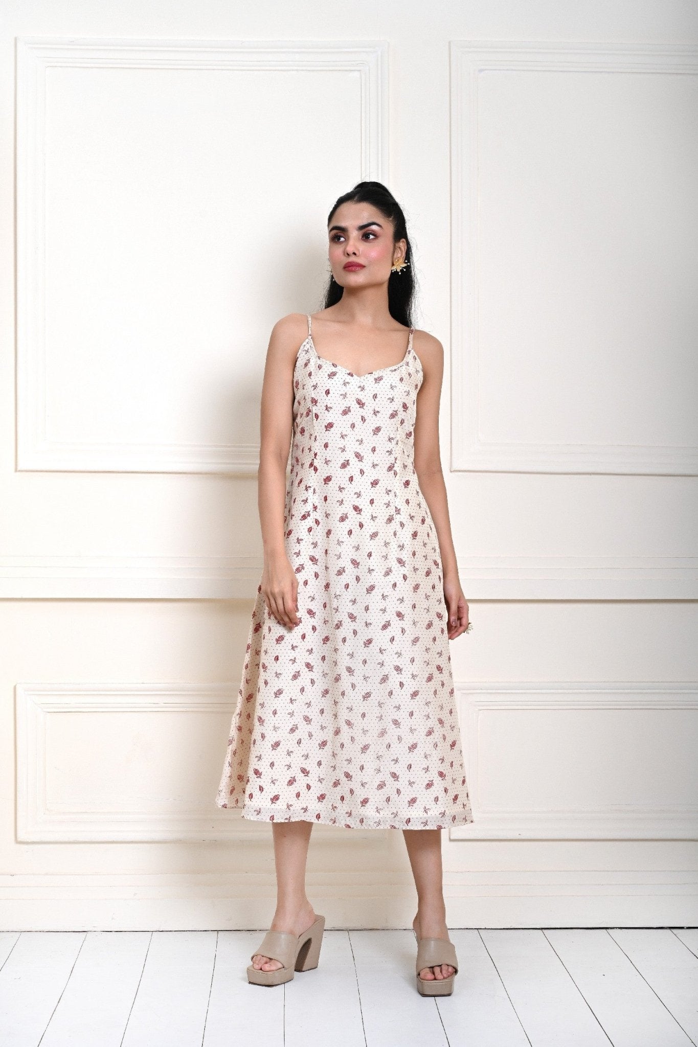 Off - White Printed Strappy Midi Dress - Anvi Couture