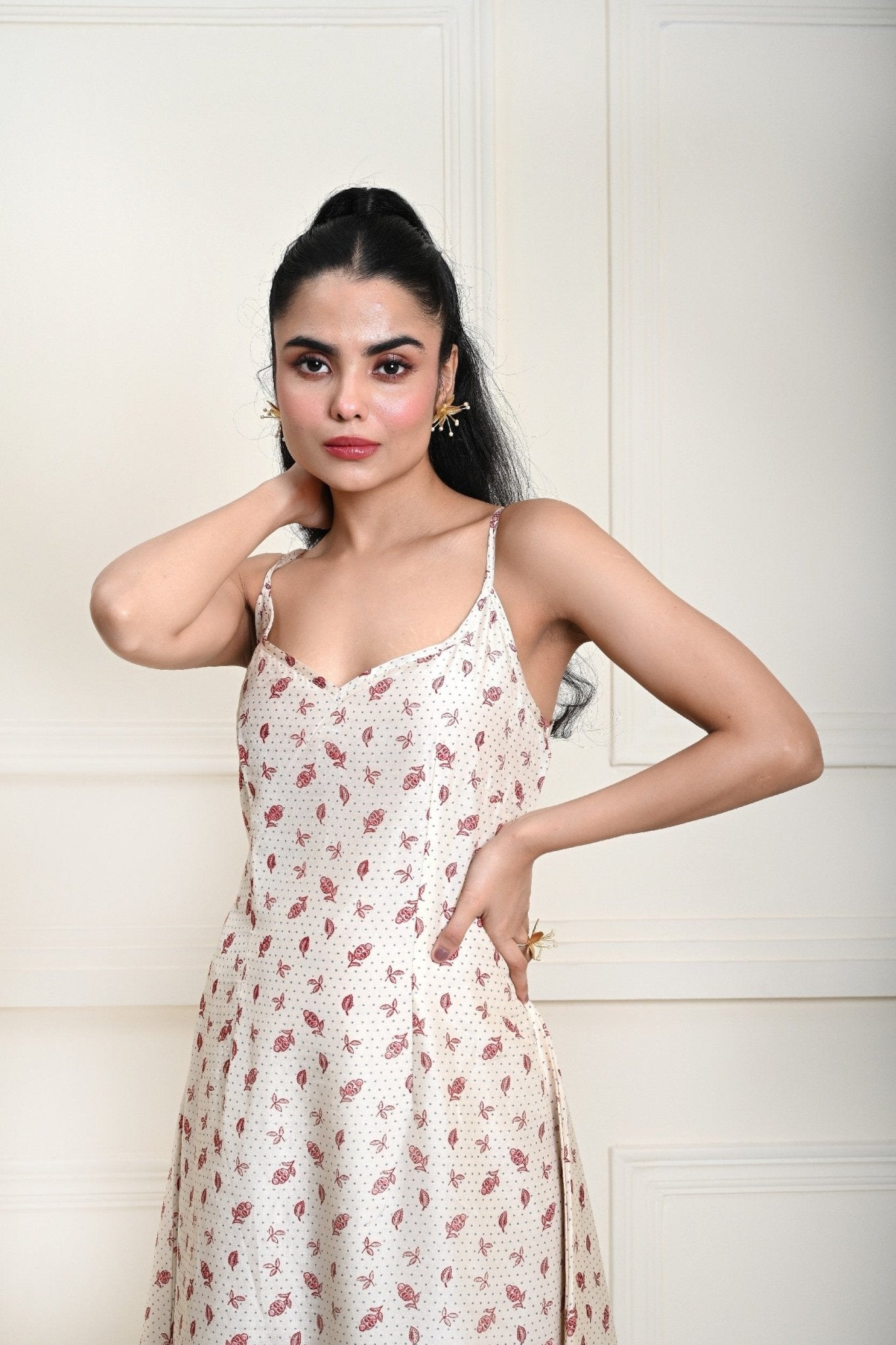 Off - White Printed Strappy Midi Dress - Anvi Couture