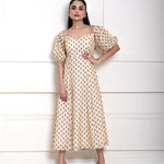 Cream Printed Midi Dress with Puff Sleeves - Anvi Couture