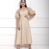 Cream Printed Midi Dress with Puff Sleeves - Anvi Couture