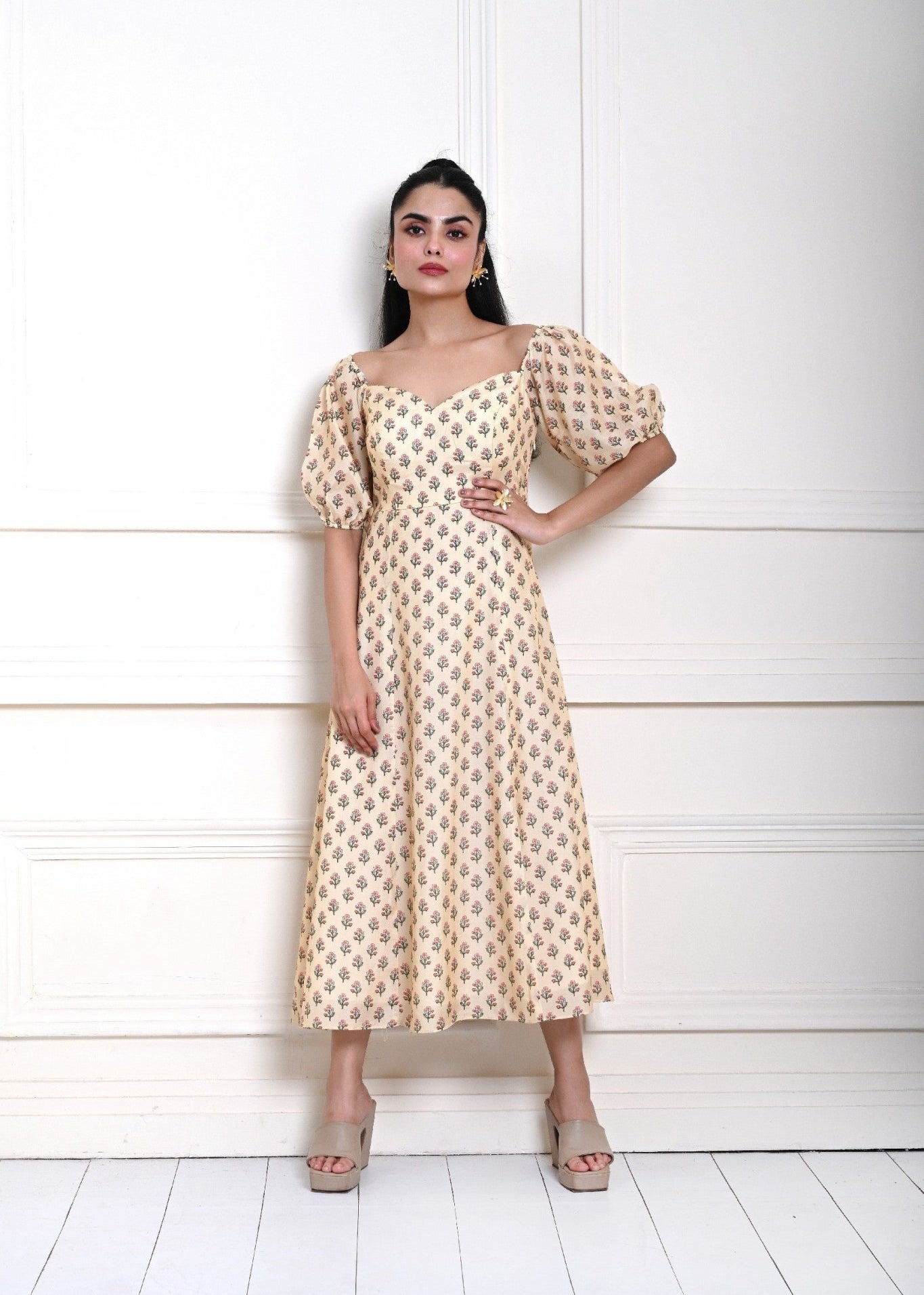 Cream Printed Midi Dress with Puff Sleeves - Anvi Couture
