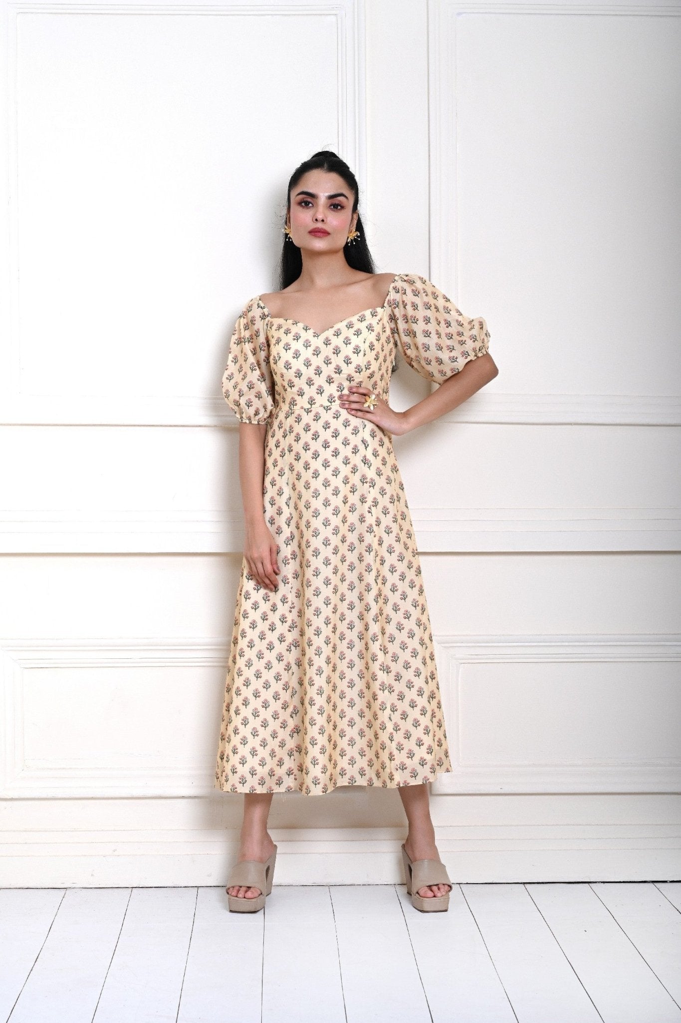 Cream Printed Midi Dress with Puff Sleeves - Anvi Couture