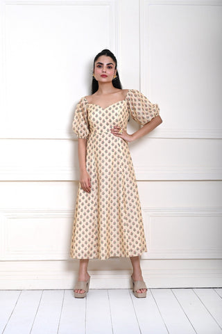 Cream Printed Midi Dress with Puff Sleeves