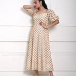 Cream Printed Midi Dress with Puff Sleeves - Anvi Couture