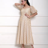 Cream Printed Midi Dress with Puff Sleeves - Anvi Couture