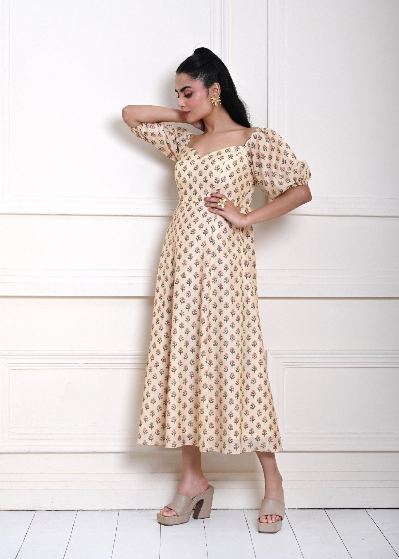 Cream Printed Midi Dress with Puff Sleeves - Anvi Couture