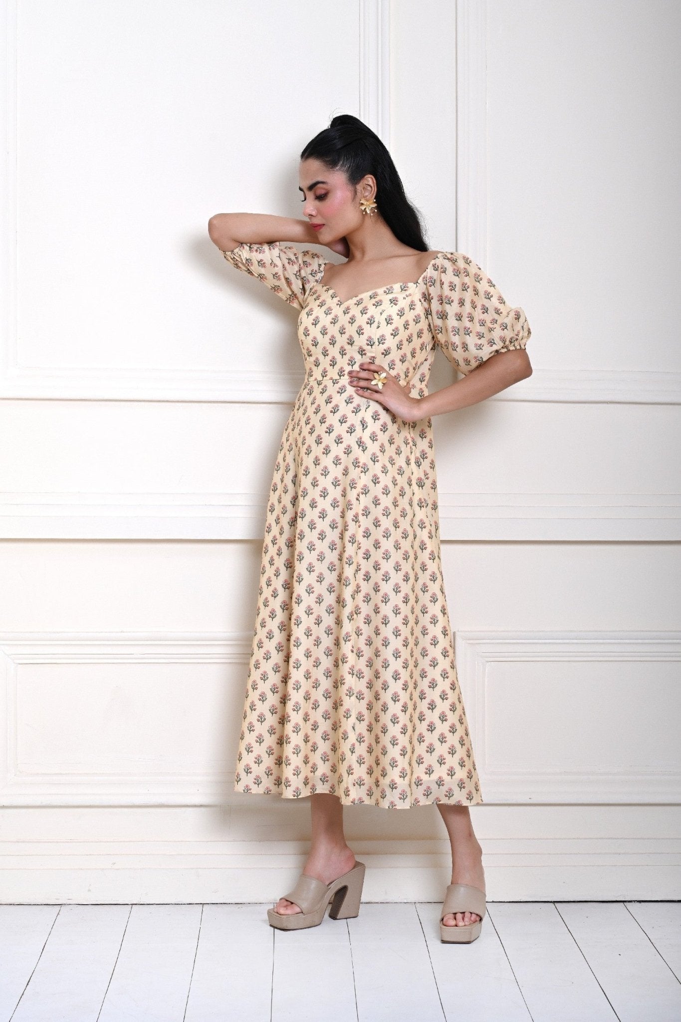 Cream Printed Midi Dress with Puff Sleeves - Anvi Couture