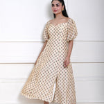 Cream Printed Midi Dress with Puff Sleeves - Anvi Couture