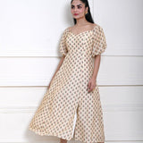 Cream Printed Midi Dress with Puff Sleeves - Anvi Couture