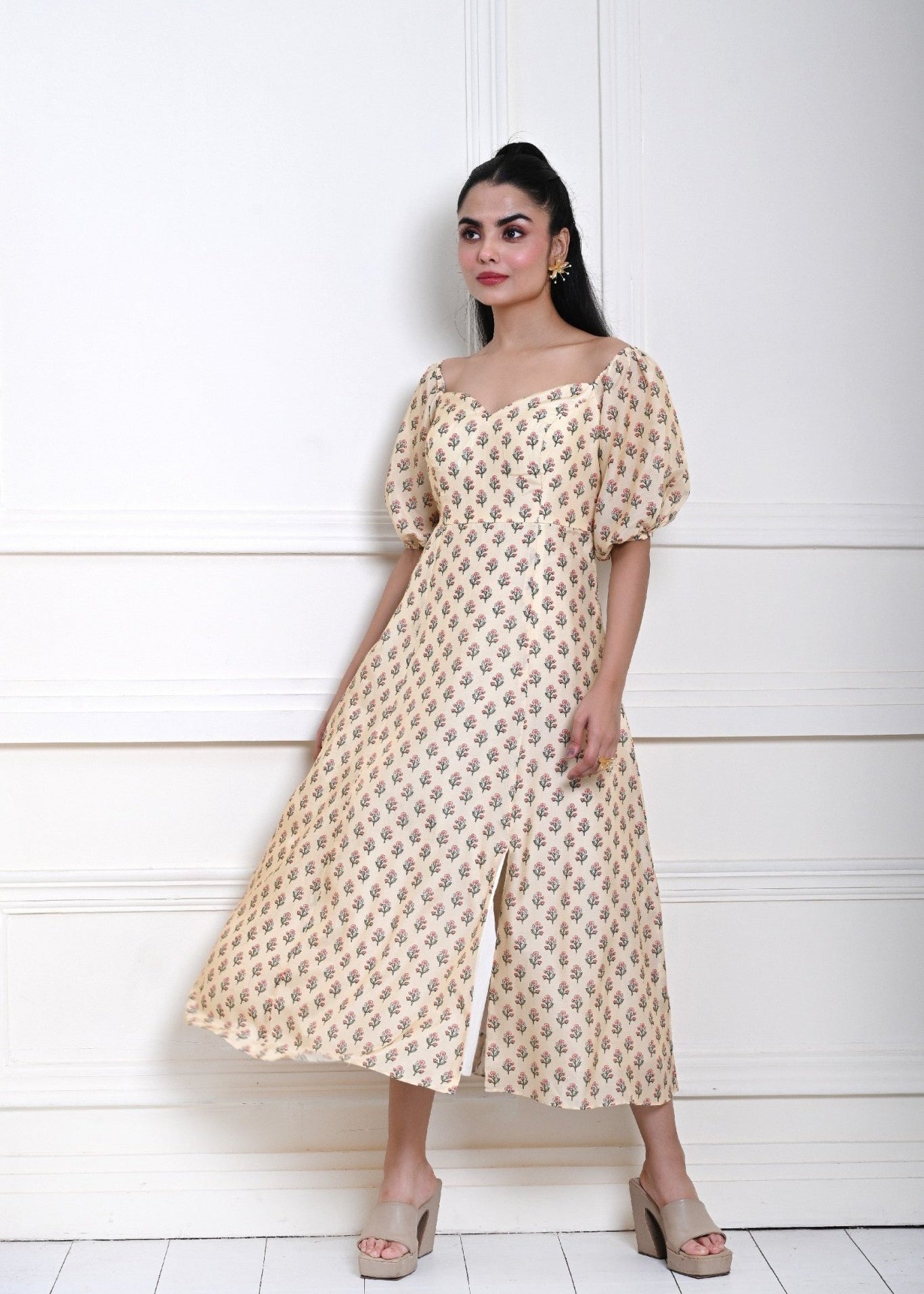 Cream Printed Midi Dress with Puff Sleeves - Anvi Couture