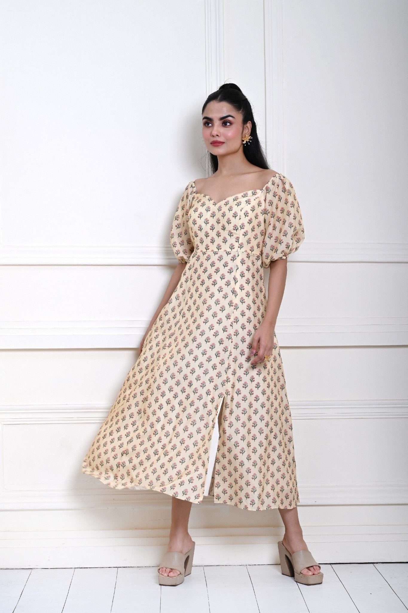 Cream Printed Midi Dress with Puff Sleeves - Anvi Couture