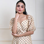 Cream Printed Midi Dress with Puff Sleeves - Anvi Couture