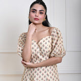 Cream Printed Midi Dress with Puff Sleeves - Anvi Couture