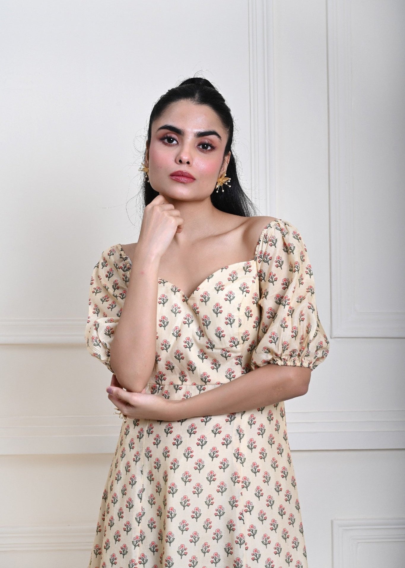 Cream Printed Midi Dress with Puff Sleeves - Anvi Couture