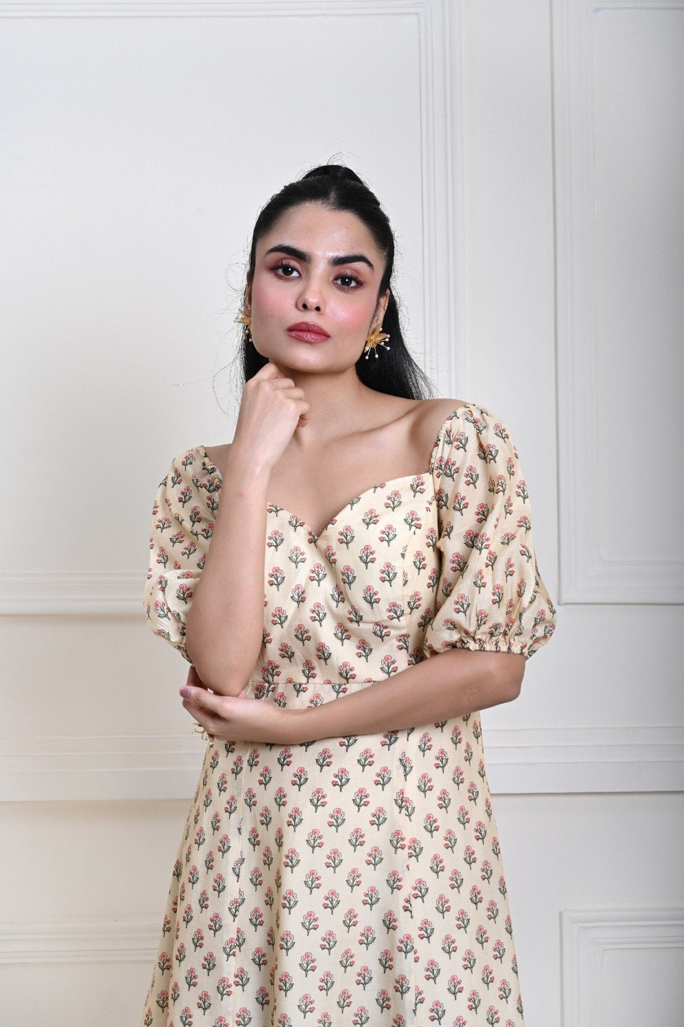 Cream Printed Midi Dress with Puff Sleeves - Anvi Couture
