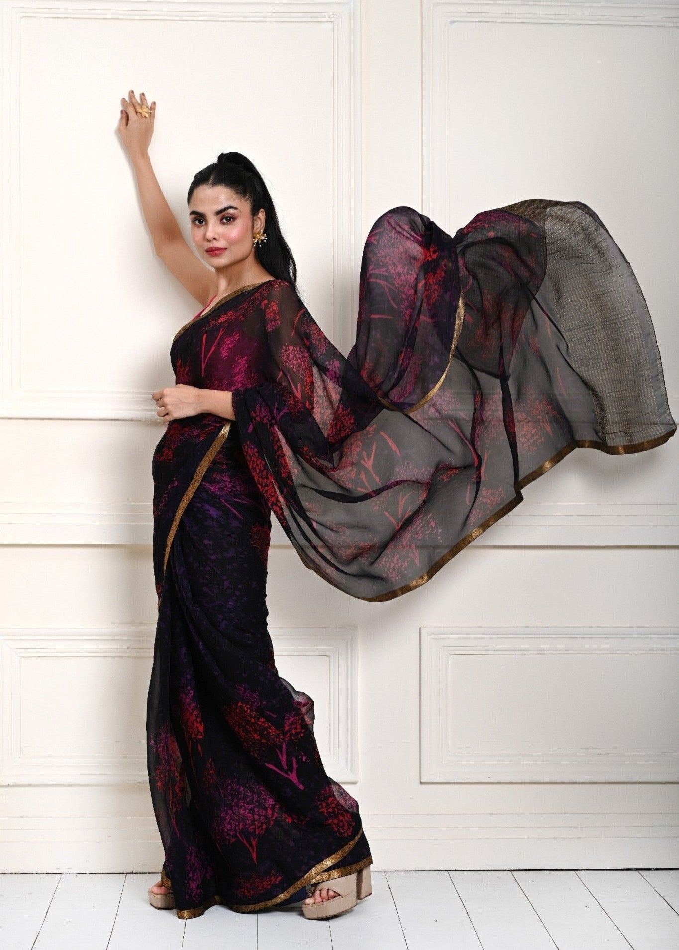 Dark Navy-Blue Printed Chiffon Saree - Image 3