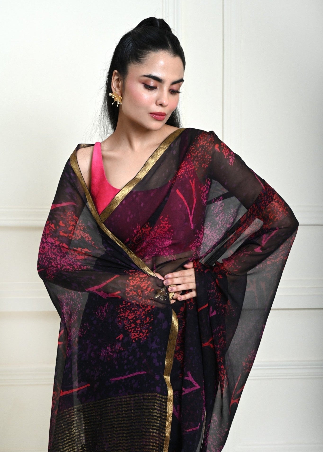 Dark Navy-Blue Printed Chiffon Saree - Image 4