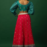 Luxurious Jacquard Pink Banarasi Lehenga Set with Peacock Blue Embroidered Choli
