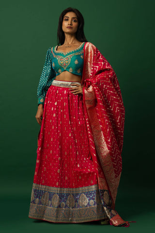 Pink Banarasi Weave Lehenga Set with Contrasting Peacock Blue Choli