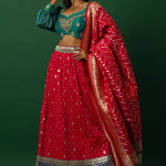 Latest Pink Banarasi Lehenga Set with Peacock Blue Choli - Indian Bridal Wear