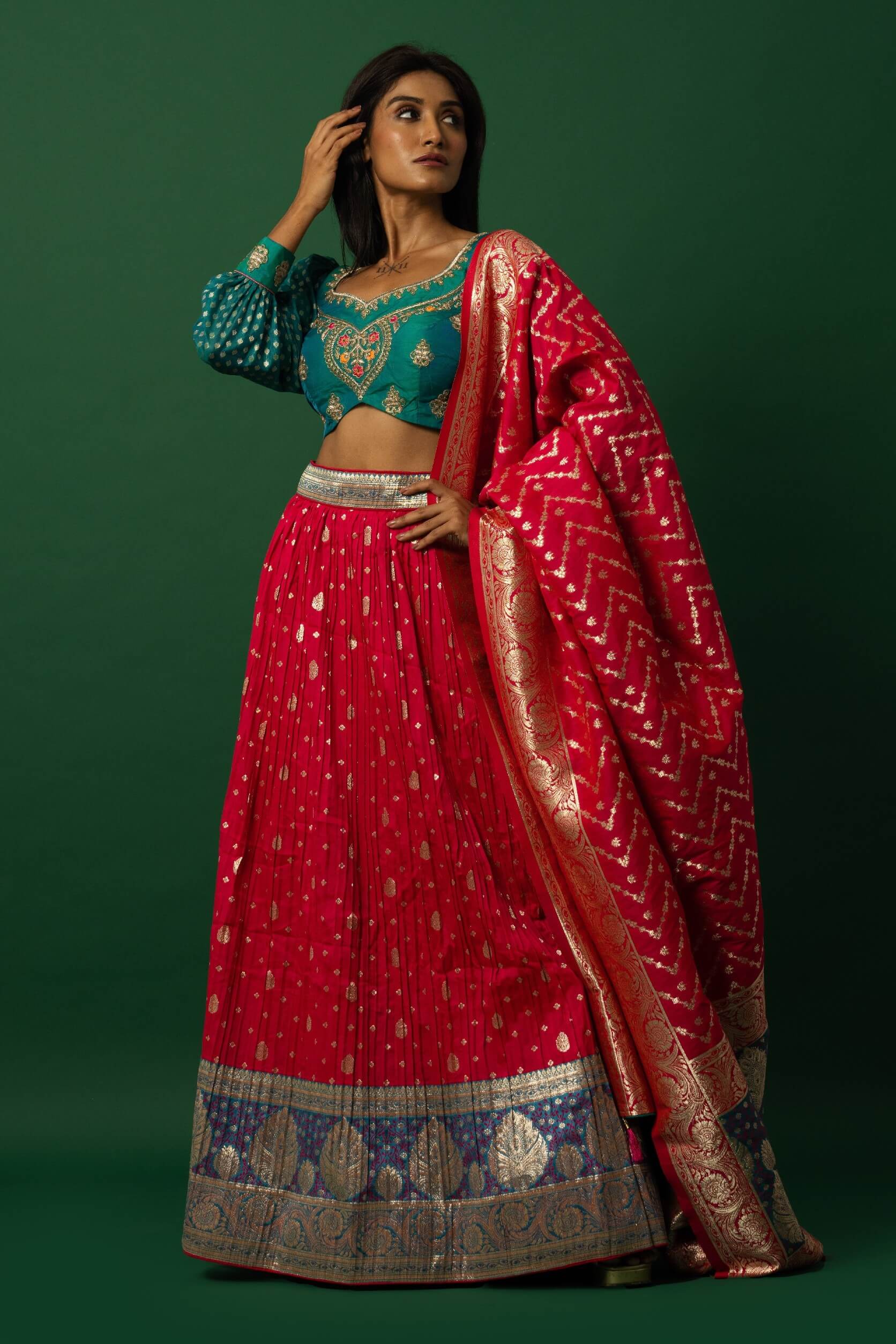 Latest Pink Banarasi Lehenga Set with Peacock Blue Choli - Indian Bridal Wear