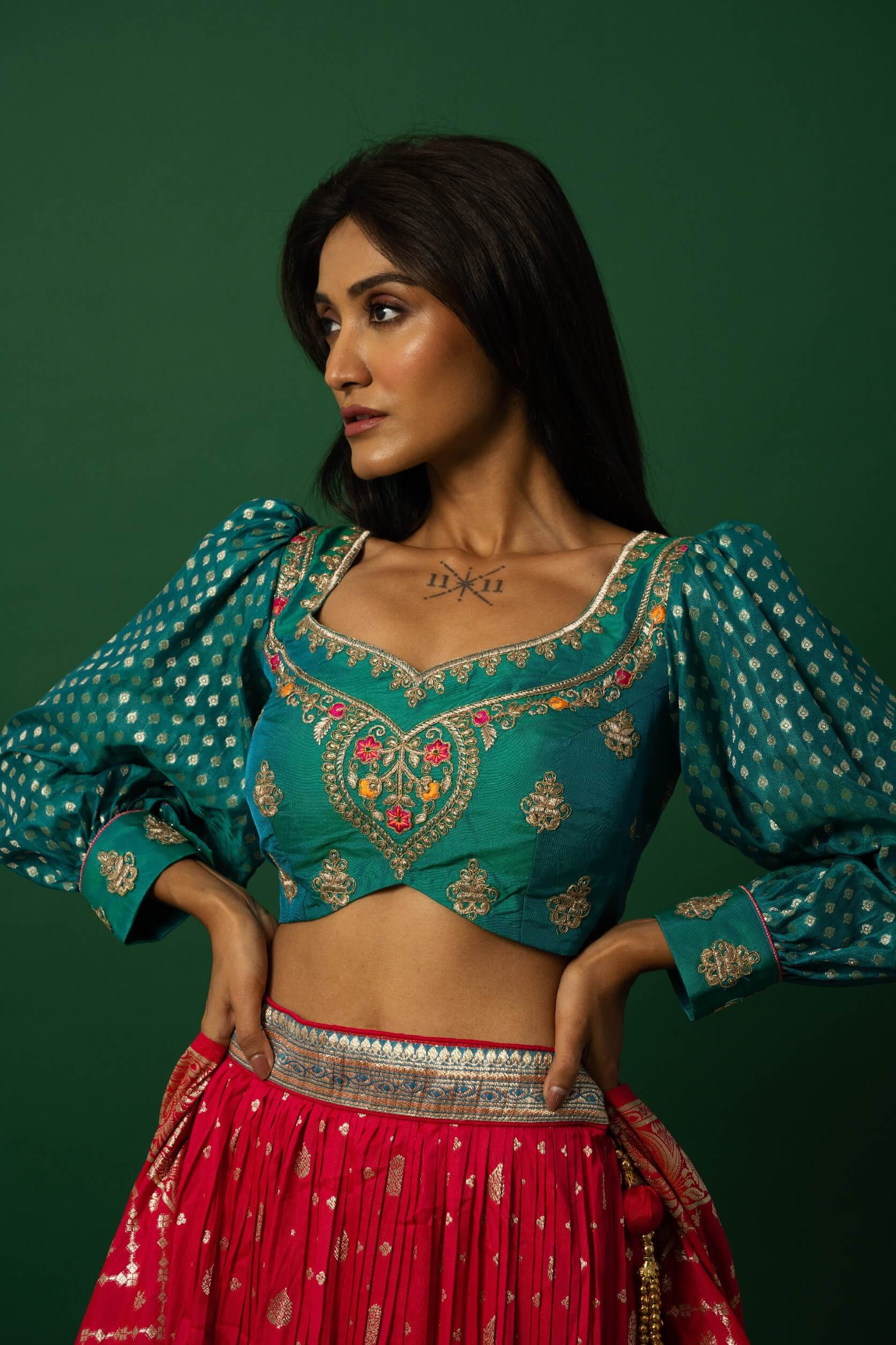 Perfect Pink Banarasi Lehenga Set with Peacock Blue Choli for Weddings