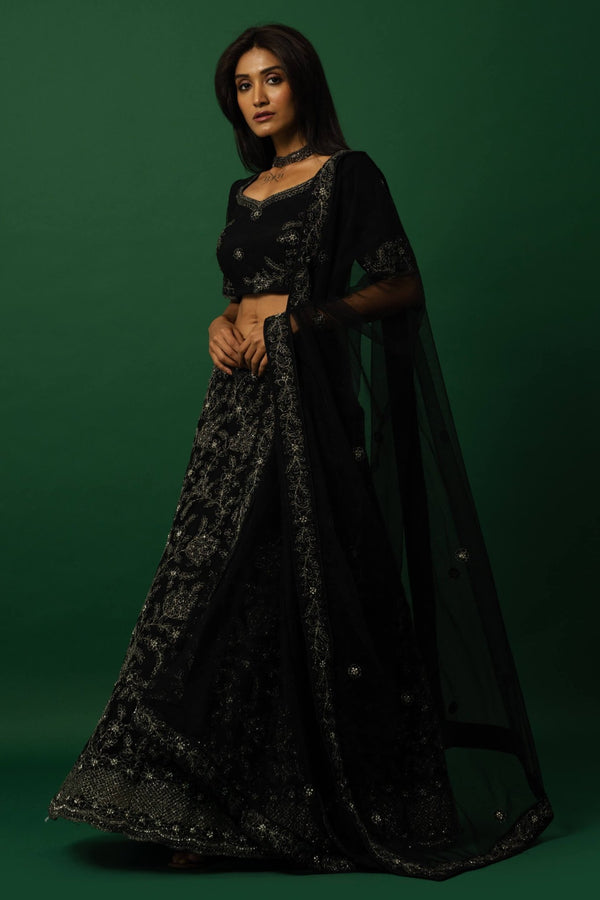 Black Lehenga Set with Zardozi Embroidery - Anvi Couture - front 1