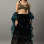 Navy Blue Velvet Lehenga Set with Gold Sequin Choli and Ruffle Dupatta - Anvi Couture