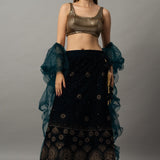 Navy Blue Velvet Lehenga Set with Gold Sequin Choli and Ruffle Dupatta - Anvi Couture
