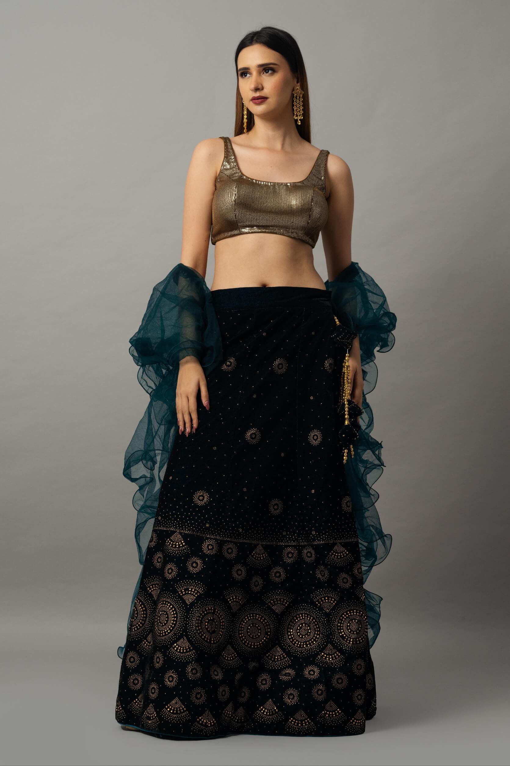 Navy Blue Velvet Lehenga Set with Gold Sequin Choli and Ruffle Dupatta - Anvi Couture
